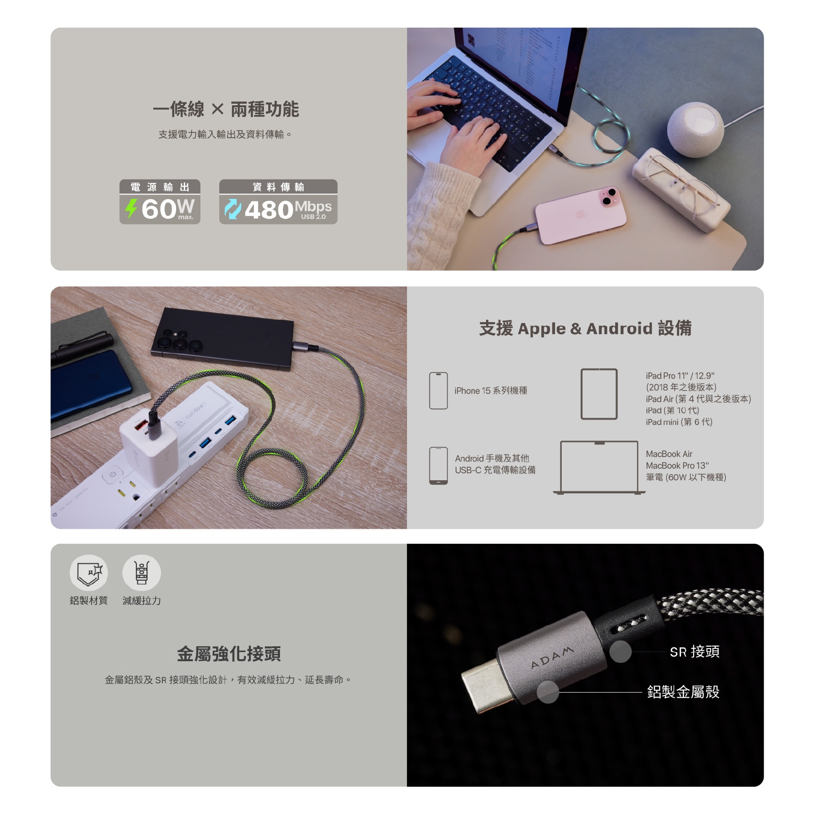 ADAM elements CASA MS100 USB-C 轉 USB-C 60W 接線